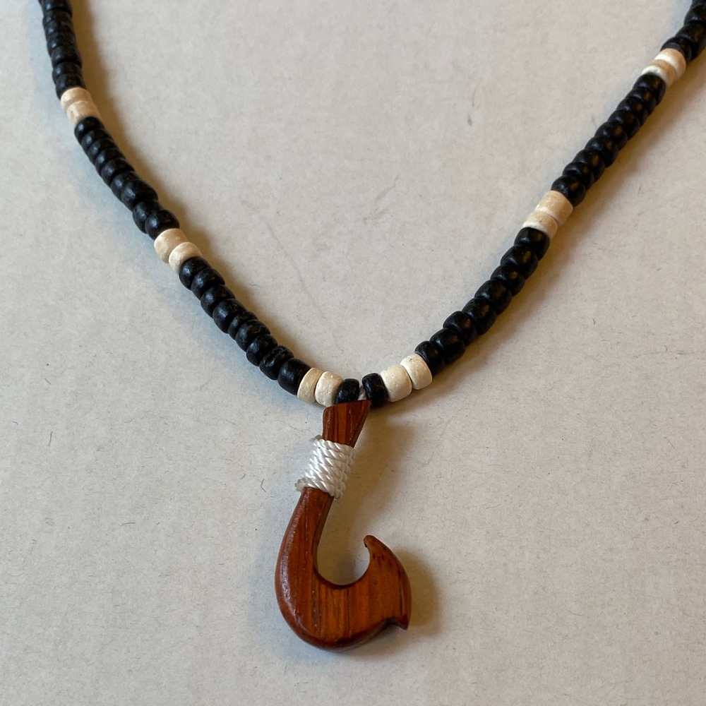 Hawaiian Fish Hook Carved Wood Necklace with Coconut beads. NWOT